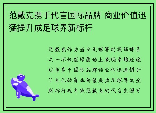 范戴克携手代言国际品牌 商业价值迅猛提升成足球界新标杆