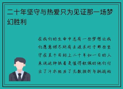 二十年坚守与热爱只为见证那一场梦幻胜利