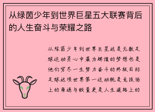 从绿茵少年到世界巨星五大联赛背后的人生奋斗与荣耀之路 从绿茵少年到世界巨星五大联赛背后的人生奋斗与荣耀之路